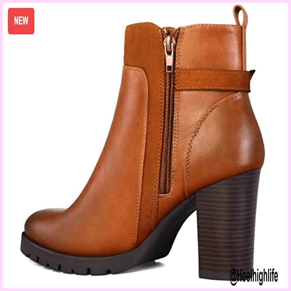 Women's Chunky Heel Ankle Boots with Side Zipper, Waterproof PU, Wide Sizes - Picture 5 of 7